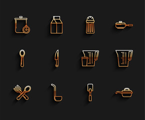 Poster - Set line Crossed fork and spoon, Kitchen ladle, Cooking pot kitchen timer, Spatula, Frying pan, Knife, Measuring cup and icon. Vector