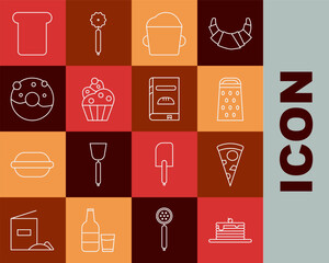 Wall Mural - Set line Stack of pancakes, Slice pizza, Grater, Bakery bowl dough, Cupcake, Donut with sweet glaze, Bread toast and Cookbook icon. Vector