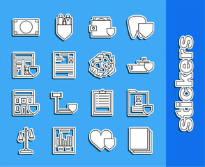 Canvas Print - Set line Clean paper, Document with shield, Ship, Wallet and money, Personal document, Shopping building, Stacks cash and Crumpled ball icon. Vector