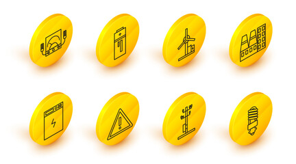 Sticker - Set line LED light bulb, High voltage power pole line, Exclamation mark triangle, Power bank, station plant and factory, Wind turbine, Battery and Ampere meter, multimeter, voltmeter icon. Vector