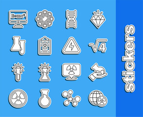 Sticker - Set line Planet earth and radiation, Test tube flask, Square root of 4 glyph, DNA symbol, Radiation warning document, Equation solution and High voltage icon. Vector