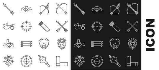 Poster - Set line Cartridges, Deer head with antlers on shield, Crossed arrows, Bow and fire, Target sport for shooting competition, Hunt duck crosshairs, Hipster and Quiver icon. Vector