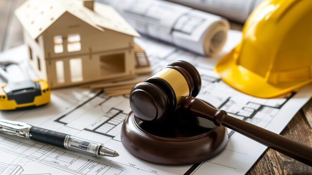 A judge's gavel resting on construction plans, with a safety helmet and a house model, illustrating the nexus of law, building, and engineering.