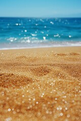 Wall Mural - Closeup of golden sand dunes on a sunny beach with the ocean and sky in the background. Summer  and travel theme.  Design for poster, wallpaper, banner with copy space. 