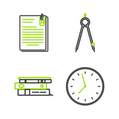 Canvas Print - Set line Clock, Office folders with papers and documents, Drawing compass and File clip icon. Vector