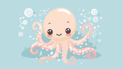 Wall Mural - Illustration of Adorable Baby Octopus with white Bubbles on Blue Background. Flat design 