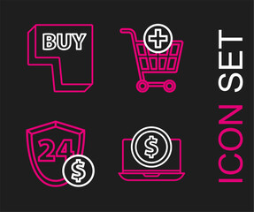 Poster - Set line Laptop with dollar, Shield, Add Shopping cart and Buy button icon. Vector