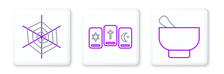 Wall Mural - Set line Magic mortar and pestle, Spider web and Three tarot cards icon. Vector