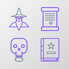 Poster - Set line Ancient magic book, Skull, Decree, paper, parchment, scroll and Wizard warlock icon. Vector