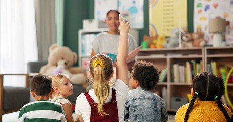 Canvas Print - Kindergarten, children and question for teacher in class at montessori school, learning and reading story. Kids, fairytale and woman teach girl with creative ideas or talking in preschool education