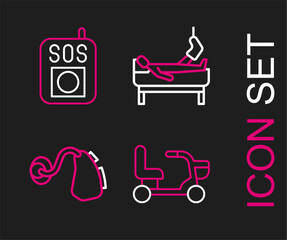 Poster - Set line Electric wheelchair, Hearing aid, Patient with broken leg and Press the SOS button icon. Vector