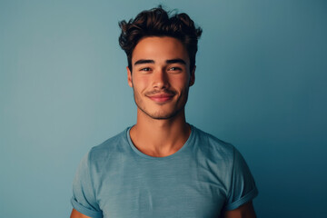 A close up portrait of a young man with a subtle smile