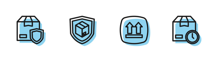 Sticker - Set line This side up, Delivery security with shield, and Cardboard box clock icon. Vector