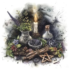 Wall Mural - Enchanted Collection of Esoteric Mysteries. Hand-drawn Watercolor Illustration of Magical Tools and Artefacts