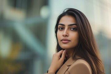 Canvas Print - Poised young woman with long hair posing thoughtfully in a modern cityscape