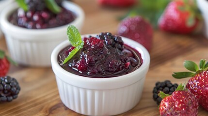 Serving homemade mix berry compote in small white bowls on a wooden table. Generative Ai