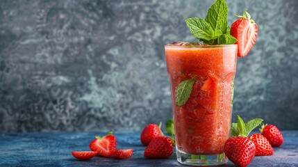 Wall Mural - Shake with fresh strawberries and mint in tall glass . Generative Ai