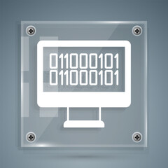 Wall Mural - white binary code icon isolated on grey background. square glass panels. vector