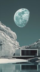 Wall Mural - A large moon is in the sky above a house and a small building