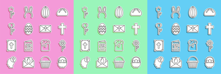 Wall Mural - Set line Basket with easter eggs, Flower, Christian cross, Easter, tulip, and Greeting card Happy icon. Vector