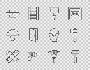 Wall Mural - Set line Crossed ruler, Hammer, Putty knife, Electric drill machine, Bricks, Closed door, rotary hammer and icon. Vector