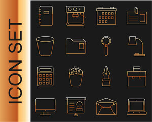 Wall Mural - Set line Laptop, Briefcase, Table lamp, Calendar, Document folder, Trash can, Spiral notebook and Magnifying glass icon. Vector