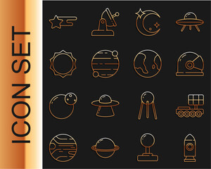 Poster - Set line Rocket ship, Mars rover, Astronaut helmet, Moon and stars, Planet, Sun, Falling and Earth globe icon. Vector