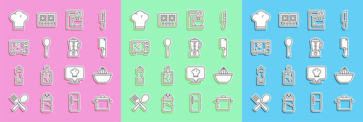 Sticker - Set line Cooking pot, Citrus fruit juicer, Meat chopper, Electric mixer, Spoon, Microwave oven, Chef hat and Blender icon. Vector