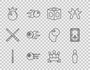 Wall Mural - Set line Billiard cue, Bowling pin, chalk, ball, and table icon. Vector