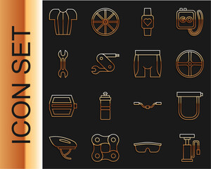 Canvas Print - Set line Bicycle air pump, lock, wheel, Smart watch, Swiss army knife, Wrench spanner, Cycling t-shirt and shorts icon. Vector