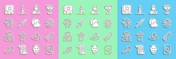 Poster - Set line Playing cards, Hand saw, Magic ball, Wizard warlock, Dagger, Voodoo doll, Ancient magic book and Moon stars icon. Vector