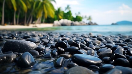 Beautiful island stones, wet black stone, Black Pebble Stones on the island beach as background , Ko Hin Ngam, THA