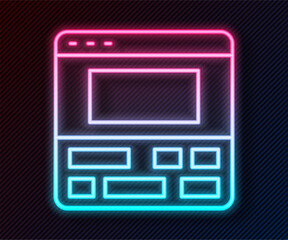 Wall Mural - glowing neon line video recorder or editor software on laptop icon isolated on black background. vid