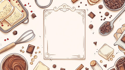 Simple white background with a recipe card illustration, surrounded by small, clean icons of kitchen ingredients like milk, butter, and chocolate chips, highlighting baking essentials.