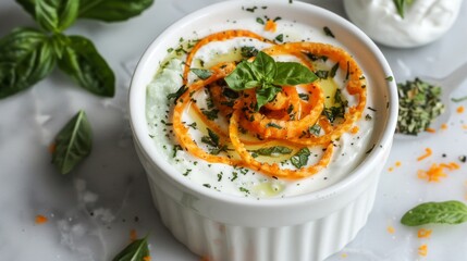 Wall Mural - Yogurt Dip with a Frizzled Carrot Herb Swirl.