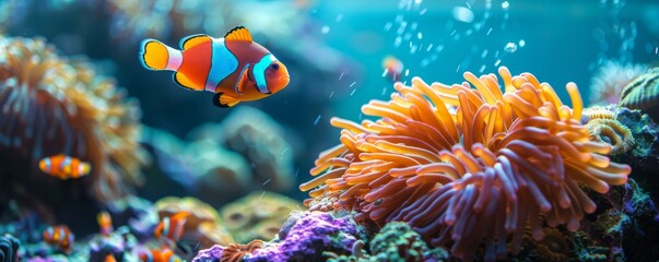 Clown fish swimming on anemone underwater reef background, Colorful Coral reef landscape in the deep of ocean. Marine life concept, Underwater world scene