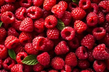 Close-up of fresh ripe red raspberries. Healthy organic fruit and summer harvest concept.