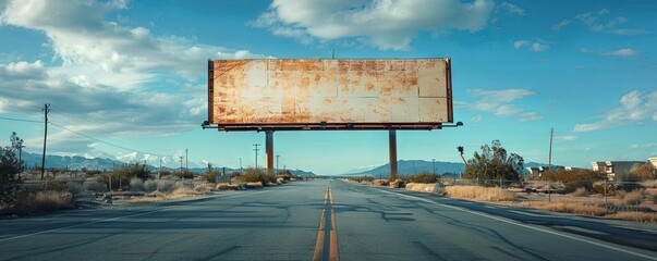 Generative AI illustration of empty billboard placed on asphalt road near residential buildings against blue sky in city