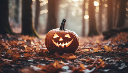 Scary Halloween pumpkin in spooky autumn forest. Jack o' lantern with orange lid and smile.