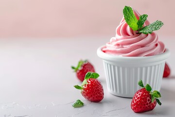 Wall Mural - Freshly harvested strawberry ice cream on blurred background with space for text
