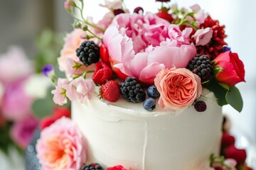 Wall Mural - Exquisite cake adorned with vibrant flowers and ripe berries, perfect for celebrations