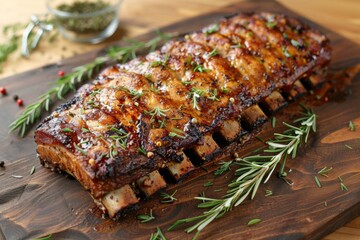 Wall Mural - Roasted Pork Rib with Herbs on Wooden Board