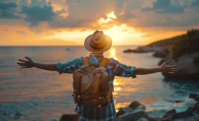 Wall Mural - Back view of a happy traveler man with a backpack and hat raising arms enjoying the sunset on the beach - standing with hands up looking sunrise - Self-care, wellness and healthy lifestyle concept