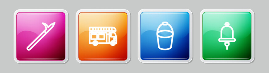 Sticker - Set line Metal pike pole, Fire truck, bucket and Ringing alarm bell. Colorful square button. Vector