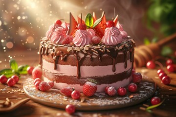 Poster - Elegant chocolate covered cake with strawberries and meringue decorations, ready for celebration