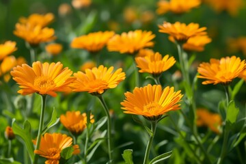 Wall Mural - Lush field featuring bright orange calendula flowers bathed in sunlight