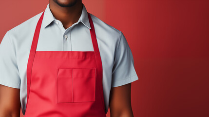 Wall Mural - A man in a kitchen apron. Chef work in the cuisine. Cook in uniform, protection apparel. Job in food service. Professional culinary. Red fabric apron, casual stylish clothing. Baker. Generated AI