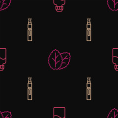 Wall Mural - Set line Vape liquid bottle, Electronic cigarette and Tobacco leaf on seamless pattern. Vector