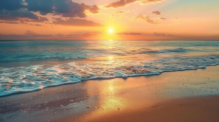 Wall Mural - A serene beach with gentle waves and a setting sun casting a warm glow. 