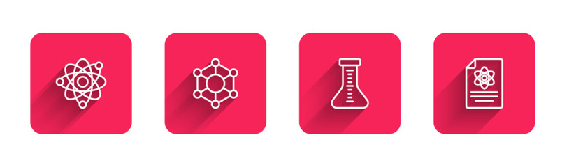 Wall Mural - Set line Atom, Molecule, Test tube and Chemistry report with long shadow. Red square button. Vector